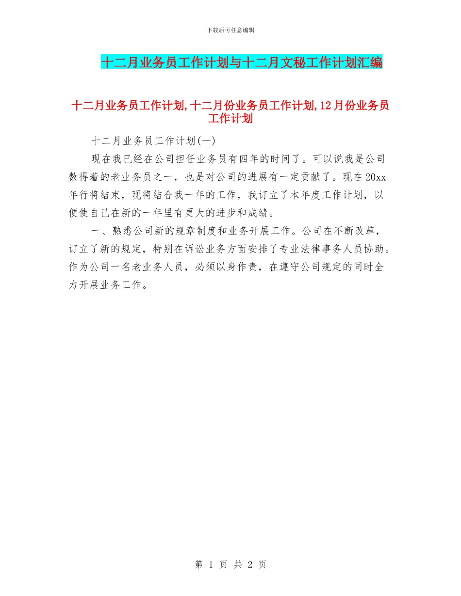 十二月业务员工作计划与十二月文秘工作计划汇编_第1页