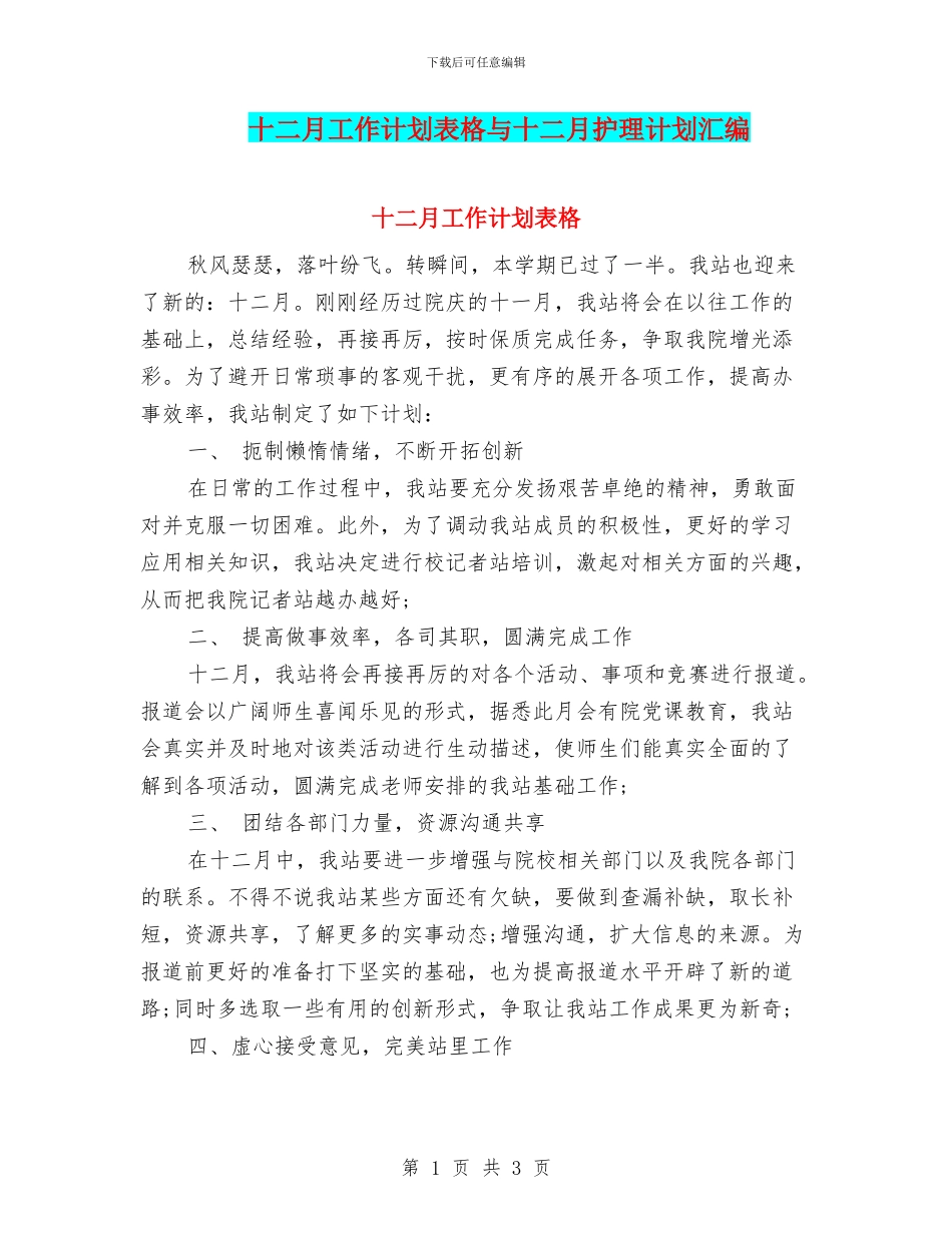 十二月工作计划表格与十二月护理计划汇编_第1页