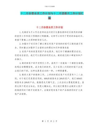 十二月份营业员工作计划与十二月团委月工作计划汇编