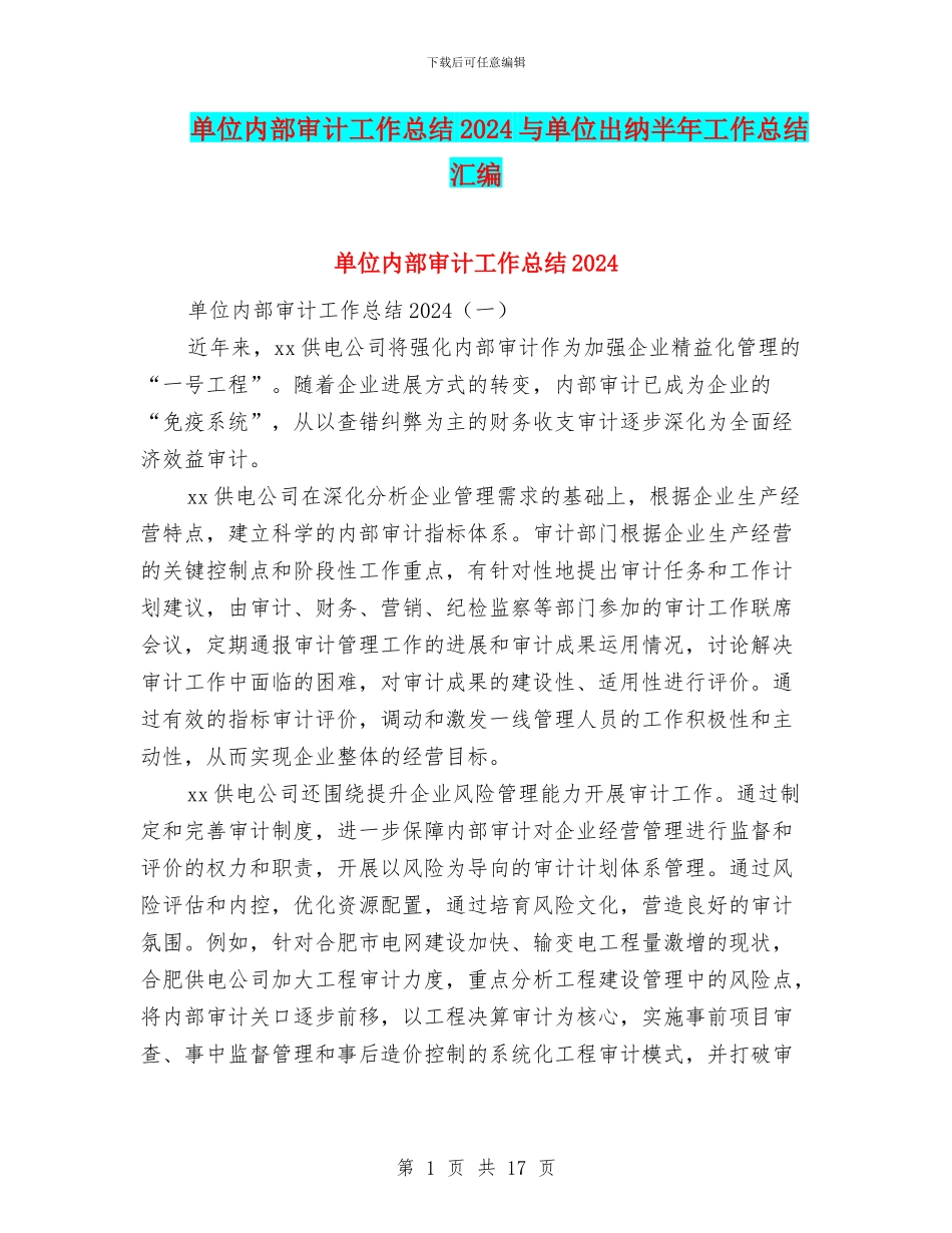 单位内部审计工作总结2024与单位出纳半年工作总结汇编_第1页