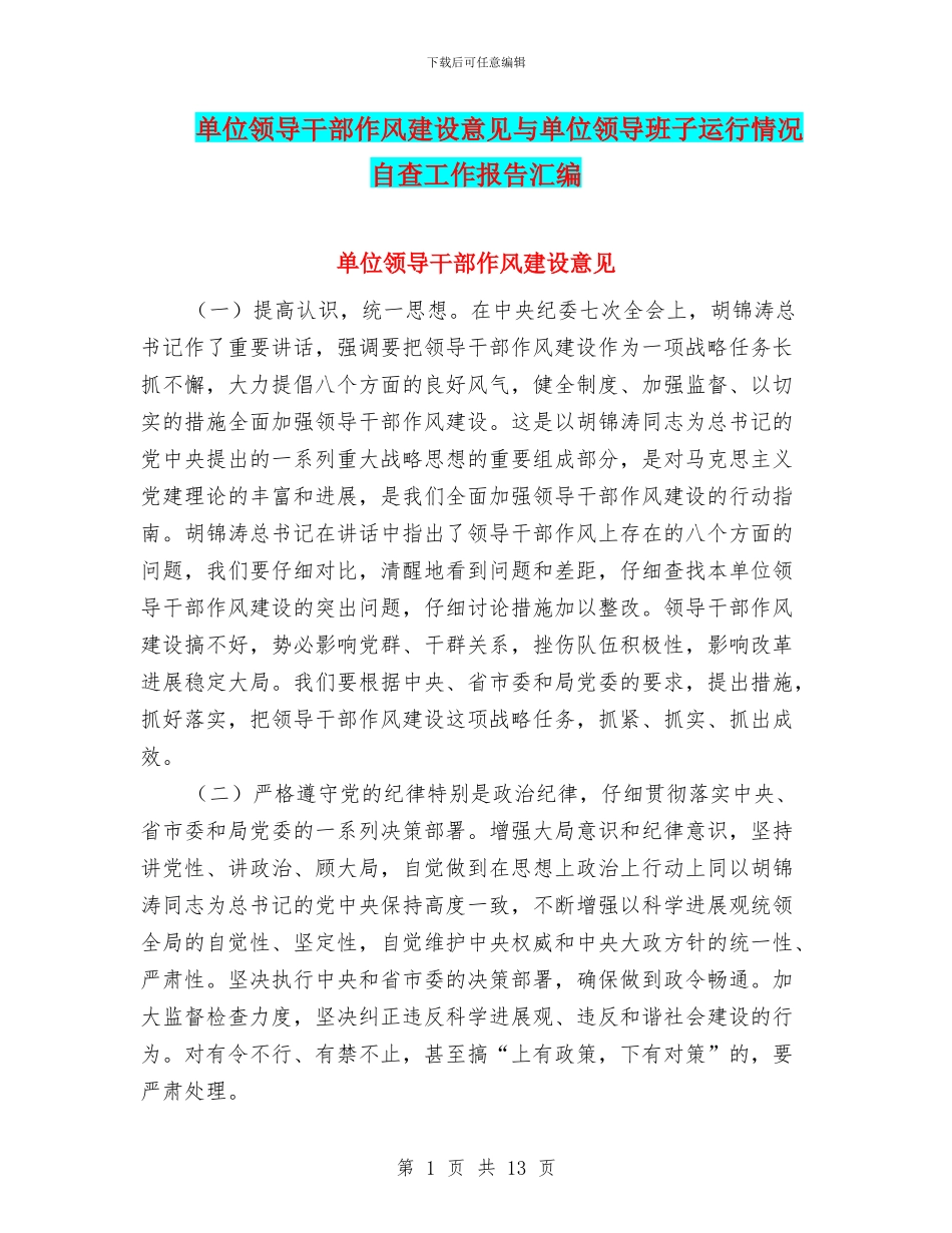 单位领导干部作风建设意见与单位领导班子运行情况自查工作报告汇编_第1页