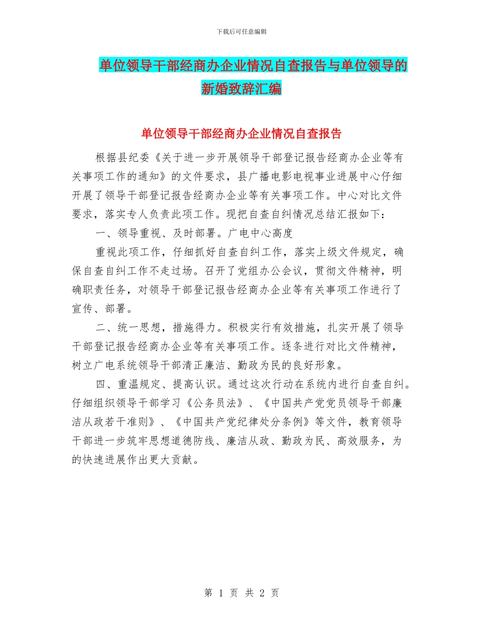 单位领导干部经商办企业情况自查报告与单位领导的新婚致辞汇编_第1页