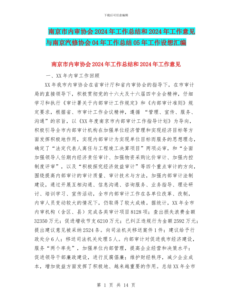 南京市内审协会2024年工作总结和2024年工作意见与南京汽修协会04年工作总结05年工作设想汇编_第1页