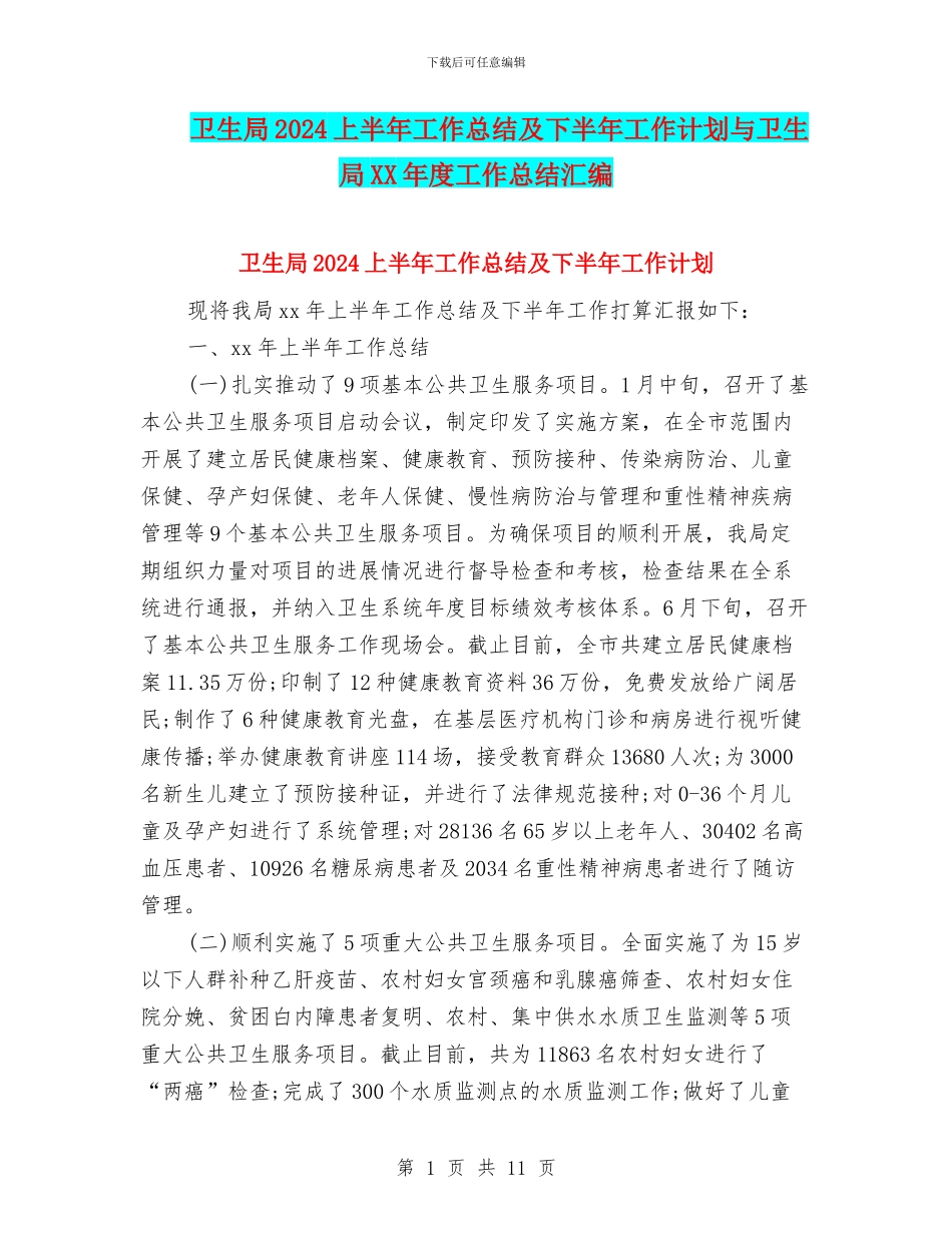 卫生局2024上半年工作总结及下半年工作计划与卫生局XX年度工作总结汇编_第1页