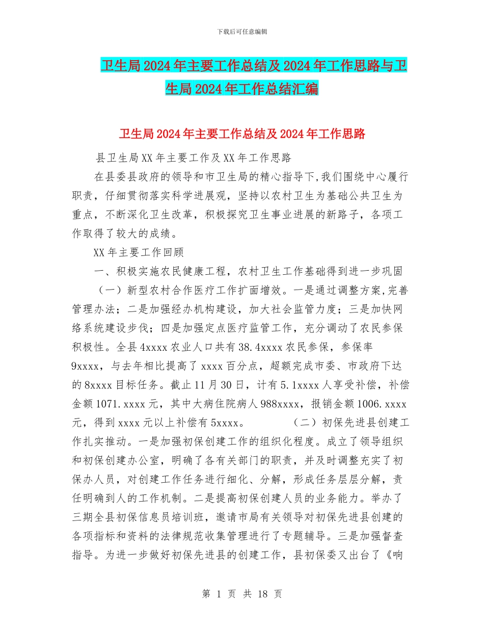 卫生局2024年主要工作总结及2024年工作思路与卫生局2024年工作总结汇编_第1页
