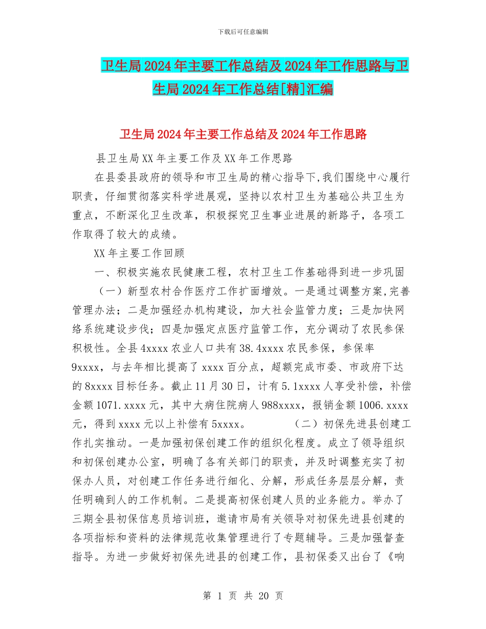 卫生局2024年主要工作总结及2024年工作思路与卫生局2024年工作总结[精]汇编_第1页