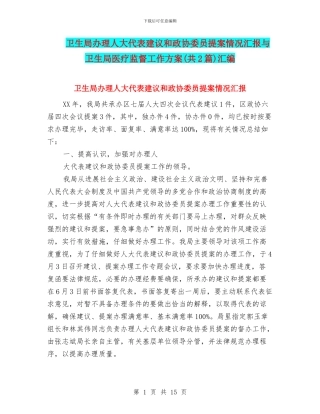 卫生局办理人大代表建议和政协委员提案情况汇报与卫生局医疗监督工作方案汇编