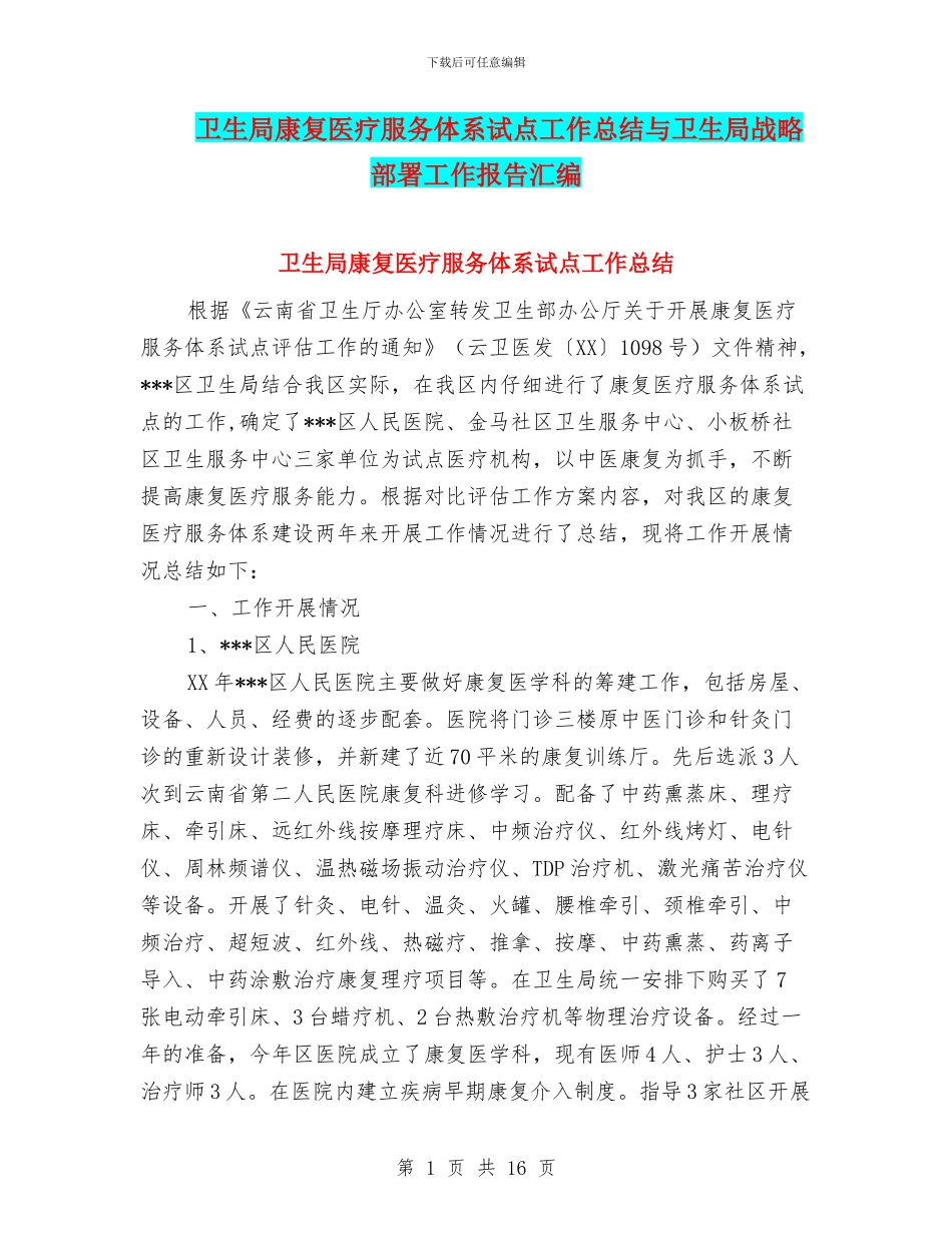 卫生局康复医疗服务体系试点工作总结与卫生局战略部署工作报告汇编_第1页