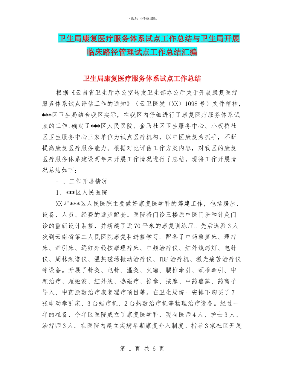 卫生局康复医疗服务体系试点工作总结与卫生局开展临床路径管理试点工作总结汇编_第1页