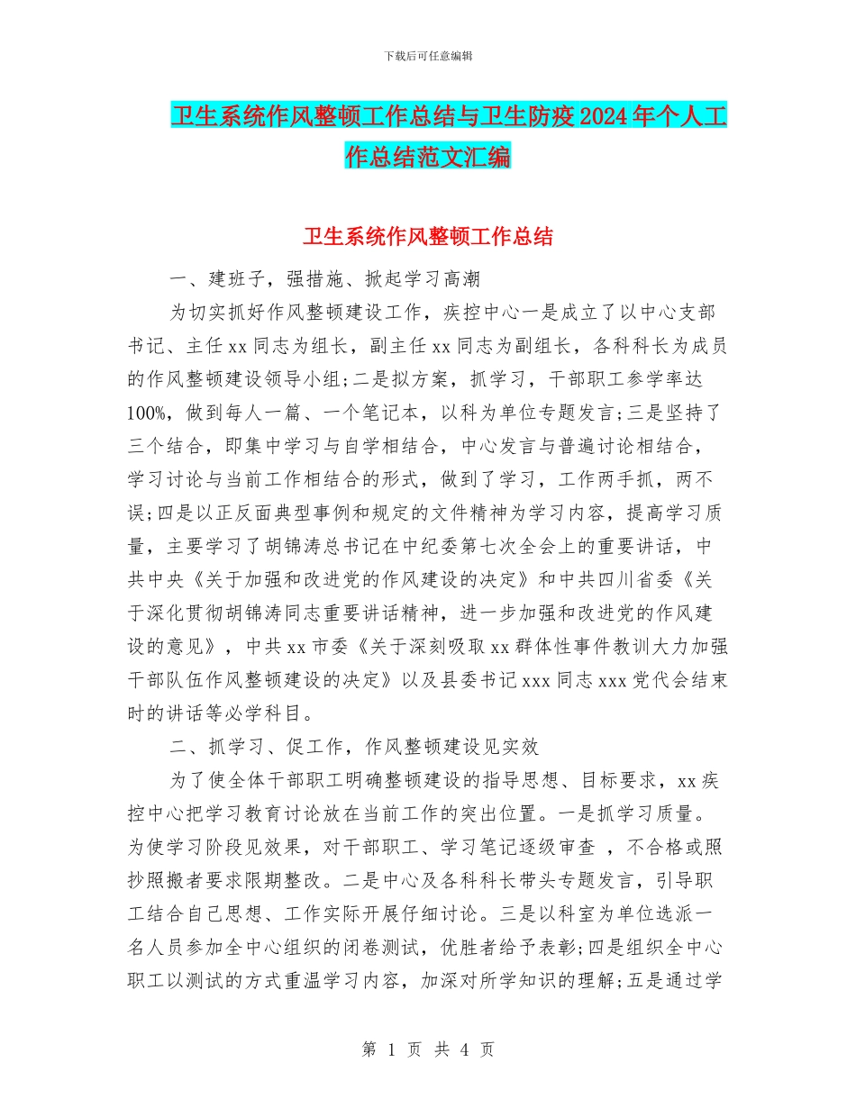 卫生系统作风整顿工作总结与卫生防疫2024年个人工作总结范文汇编_第1页