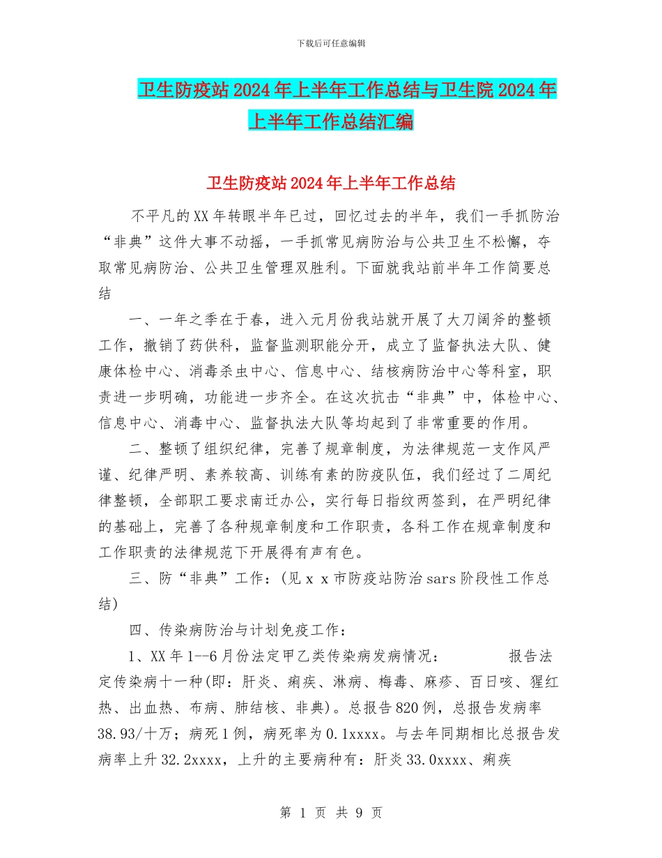 卫生防疫站2024年上半年工作总结与卫生院2024年上半年工作总结汇编_第1页