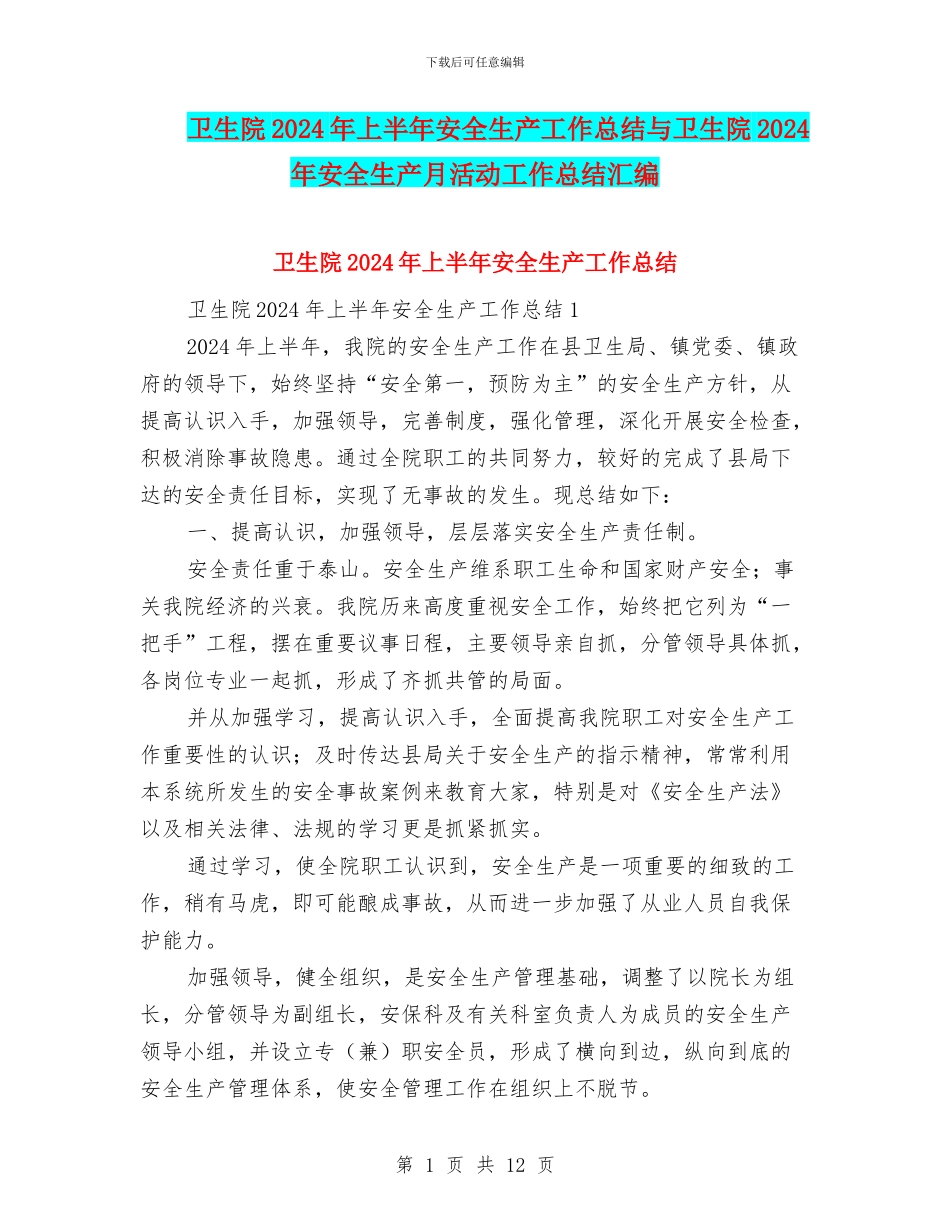 卫生院2024年上半年安全生产工作总结与卫生院2024年安全生产月活动工作总结汇编_第1页