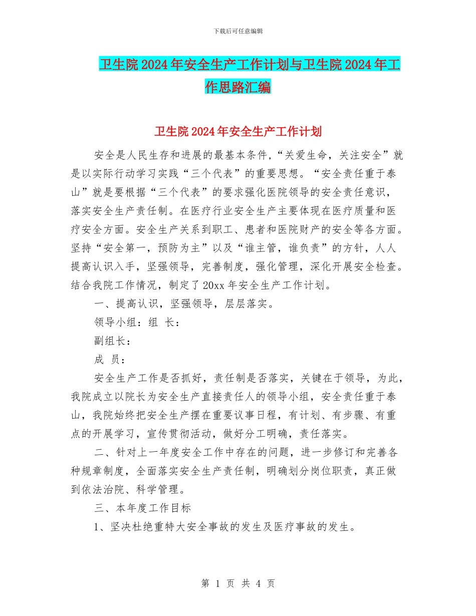 卫生院2024年安全生产工作计划与卫生院2024年工作思路汇编_第1页