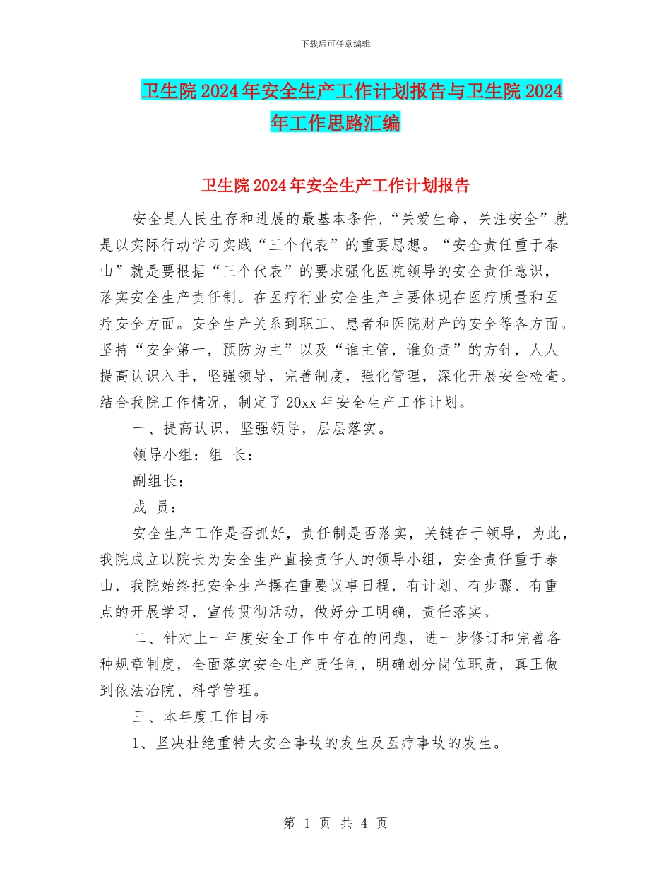 卫生院2024年安全生产工作计划报告与卫生院2024年工作思路汇编_第1页