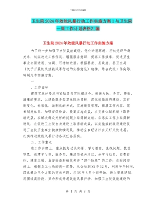 卫生院2024年效能风暴行动工作实施方案1与卫生院一周工作计划表格汇编