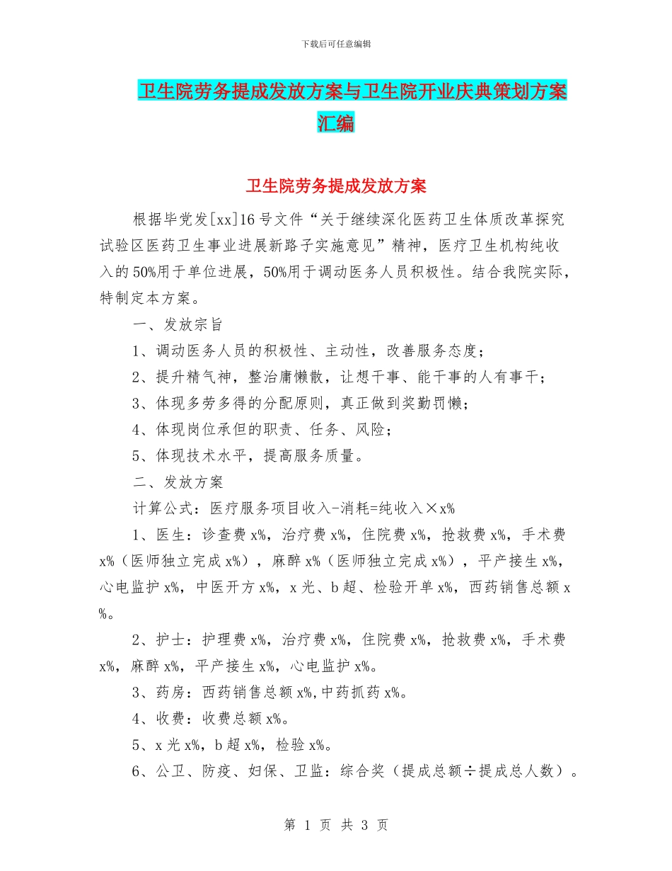 卫生院劳务提成发放方案与卫生院开业庆典策划方案汇编_第1页