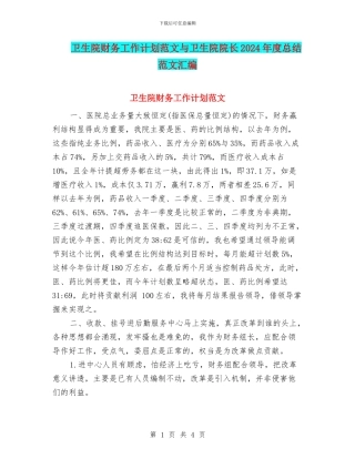 卫生院财务工作计划范文与卫生院院长2024年度总结范文汇编