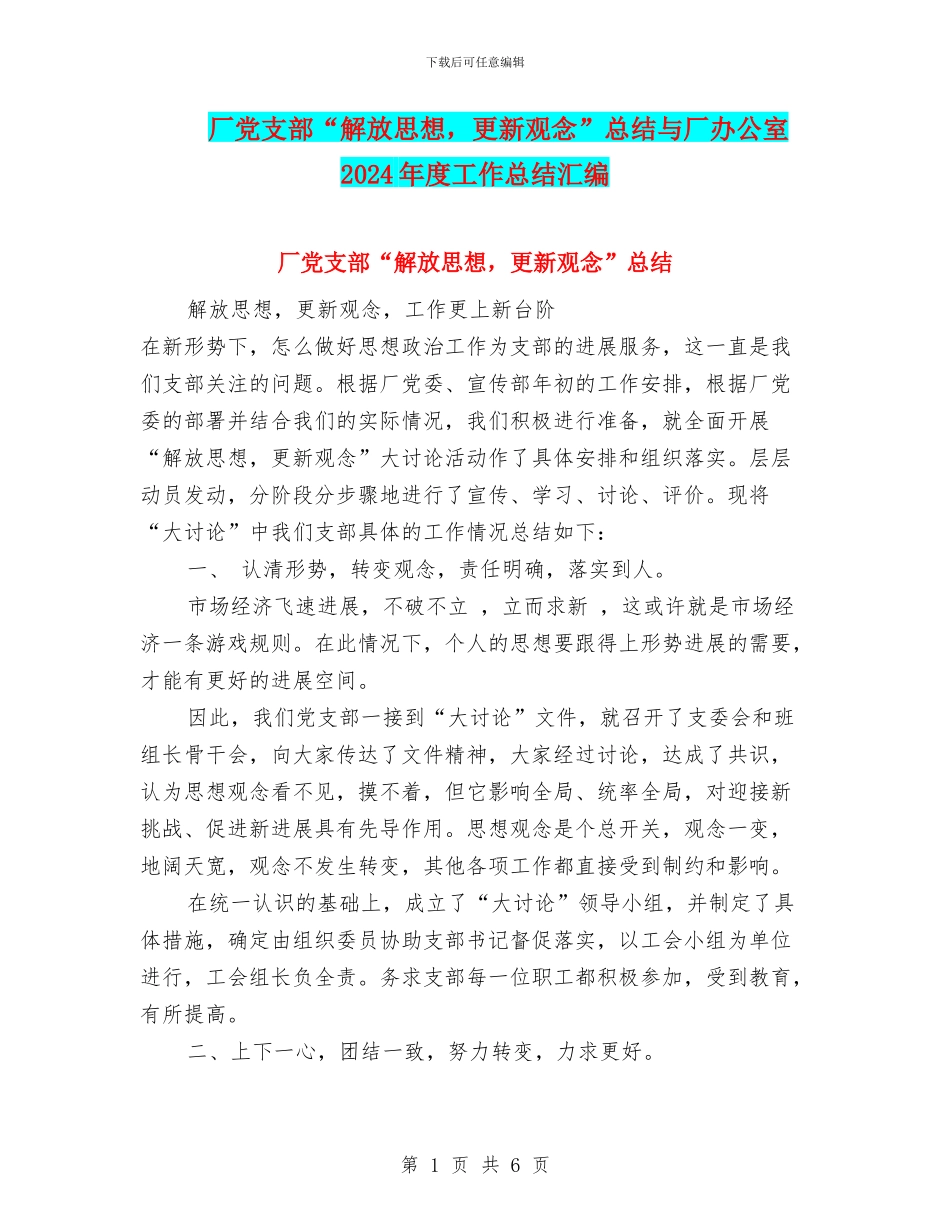 厂党支部“解放思想-更新观念”总结与厂办公室2024年度工作总结汇编_第1页