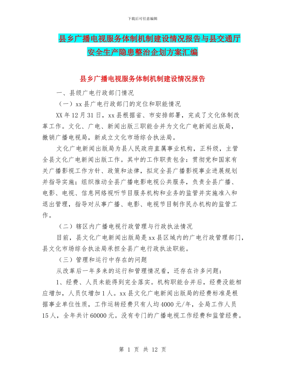 县乡广播电视服务体制机制建设情况报告与县交通厅安全生产隐患整治企划方案汇编_第1页