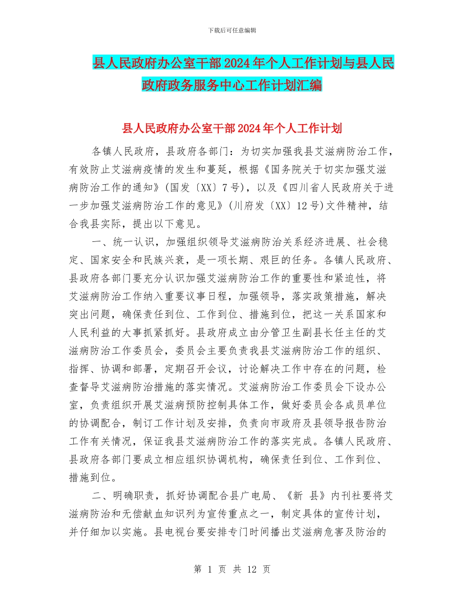 县人民政府办公室干部2024年个人工作计划与县人民政府政务服务中心工作计划汇编_第1页