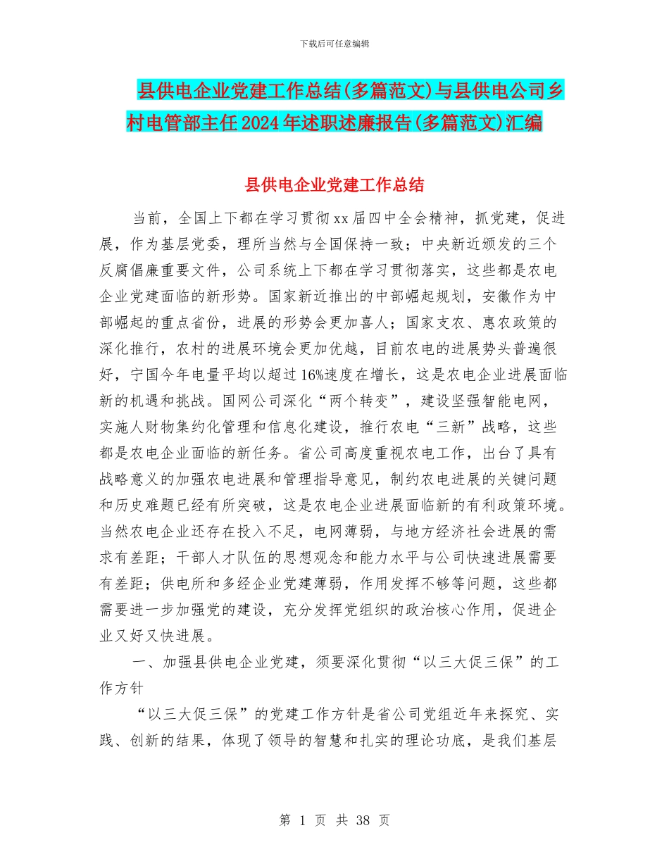 县供电企业党建工作总结与县供电公司乡村电管部主任2024年述职述廉报告(多篇范文)汇编_第1页