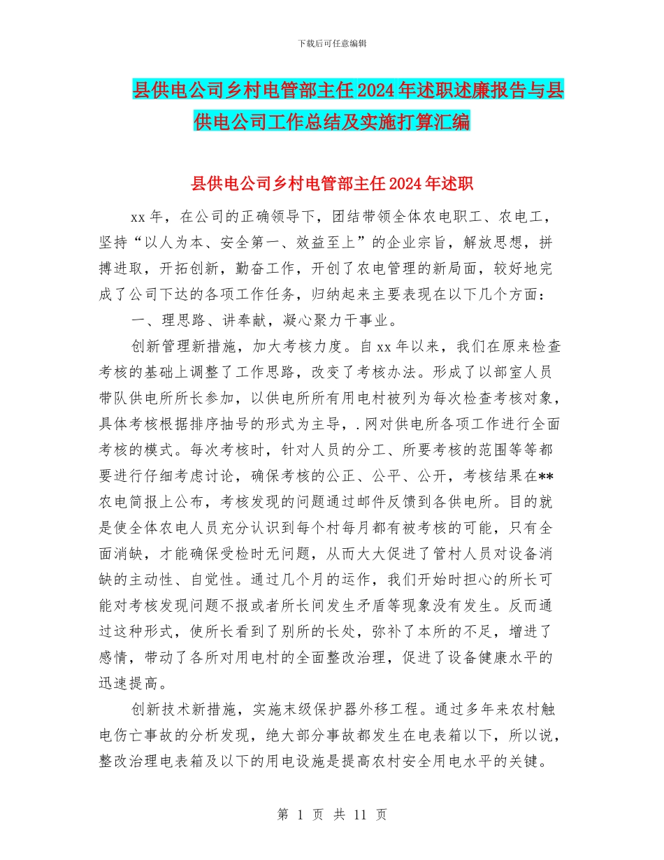 县供电公司乡村电管部主任2024年述职述廉报告与县供电公司工作总结及实施打算汇编_第1页