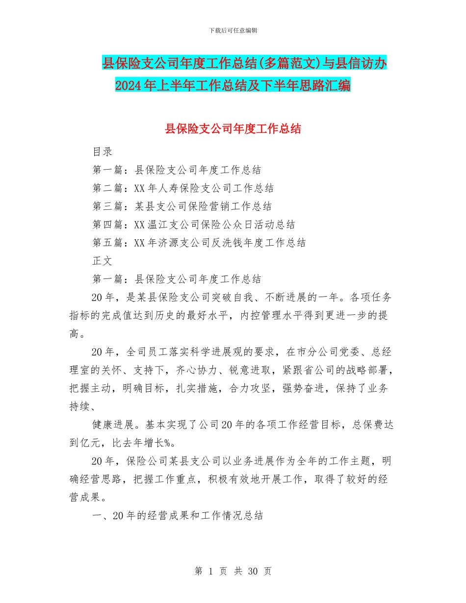 县保险支公司年度工作总结与县信访办2024年上半年工作总结及下半年思路汇编_第1页