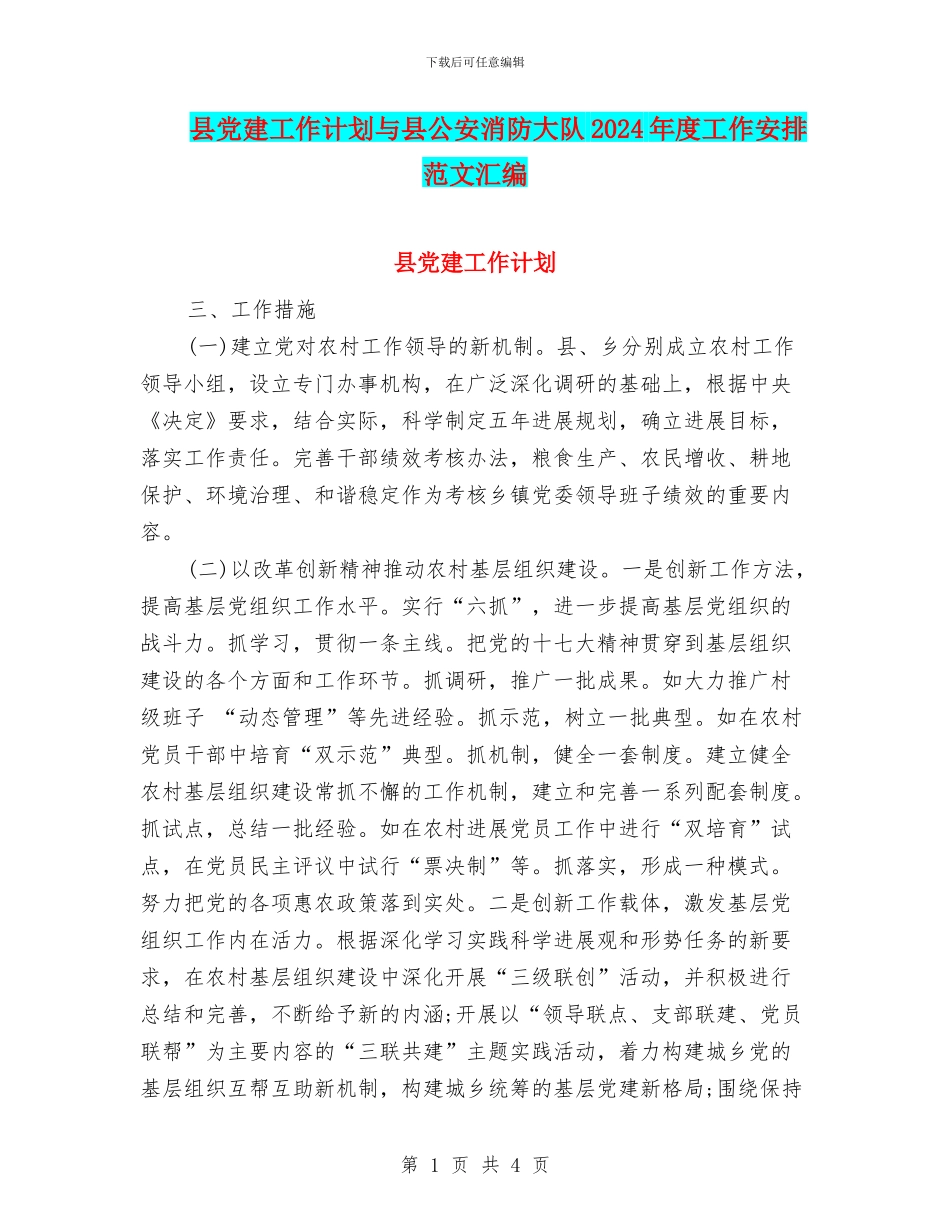 县党建工作计划与县公安消防大队2024年度工作安排范文汇编_第1页