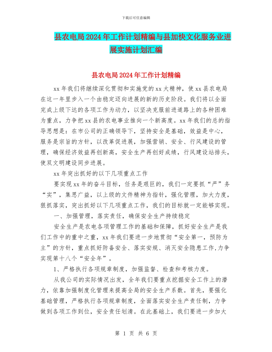 县农电局2024年工作计划精编与县加快文化服务业发展实施计划汇编_第1页