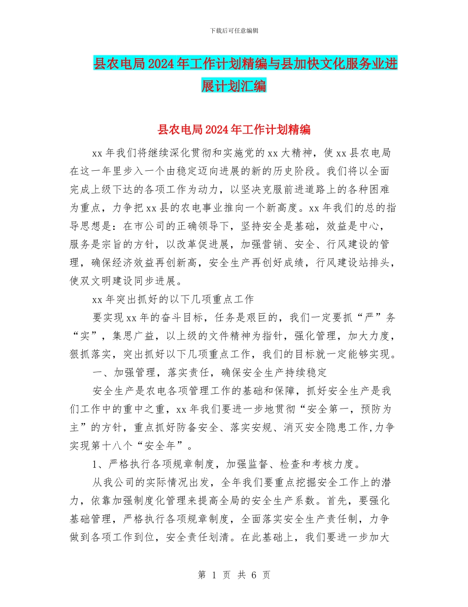 县农电局2024年工作计划精编与县加快文化服务业发展计划汇编_第1页