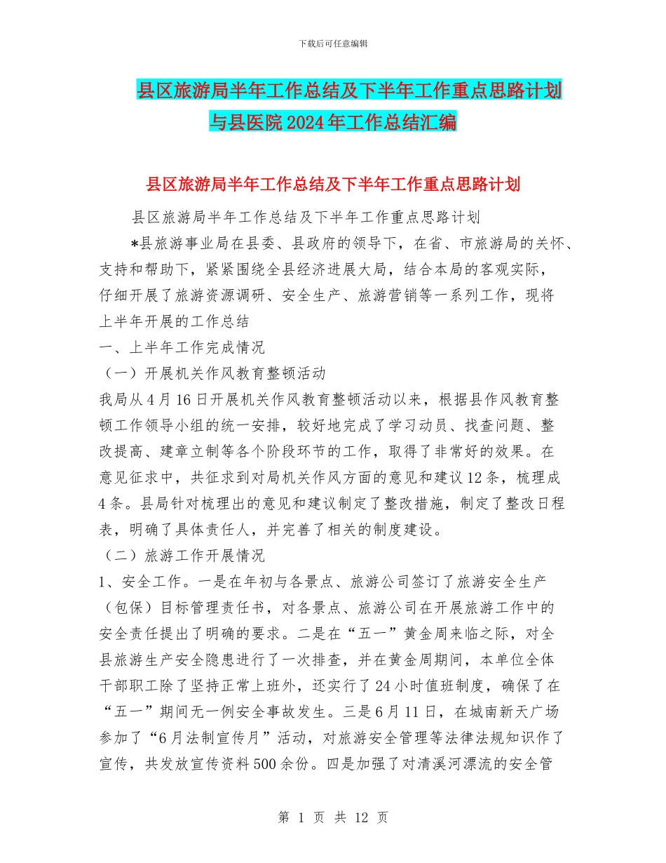 县区旅游局半年工作总结及下半年工作重点思路计划与县医院2024年工作总结汇编_第1页