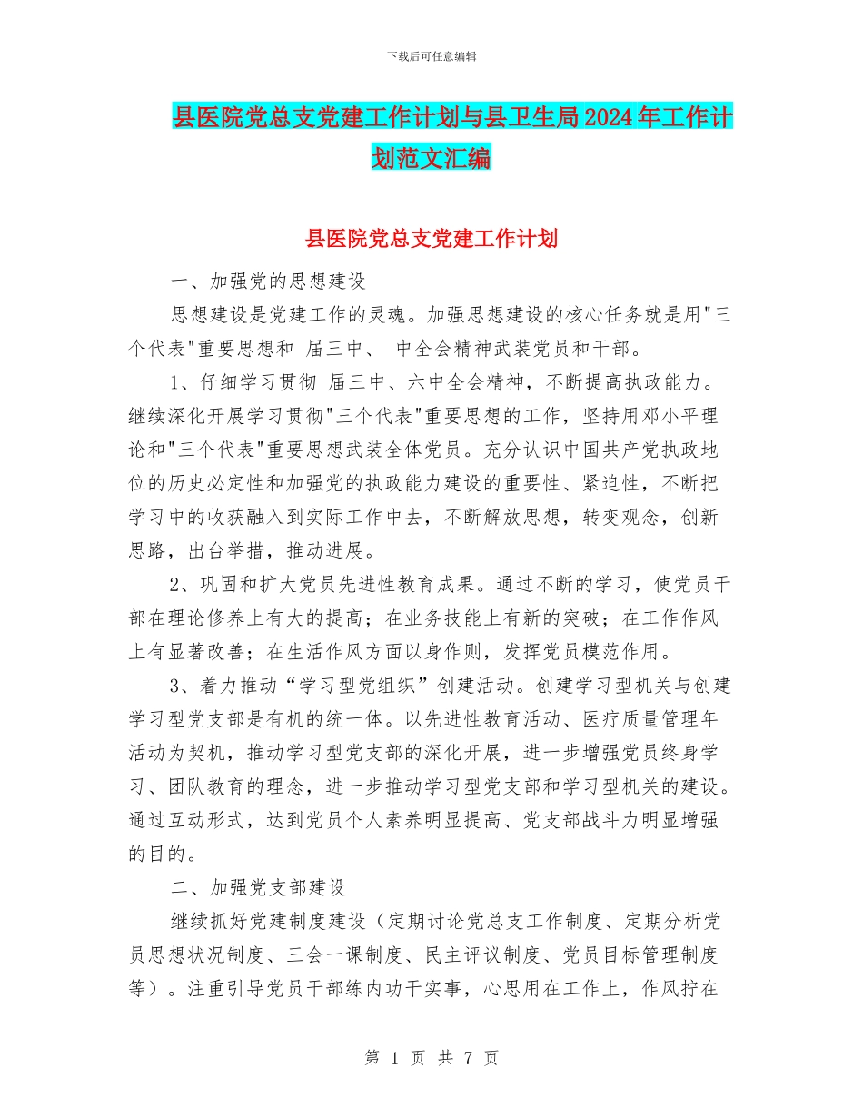 县医院党总支党建工作计划与县卫生局2024年工作计划范文汇编_第1页