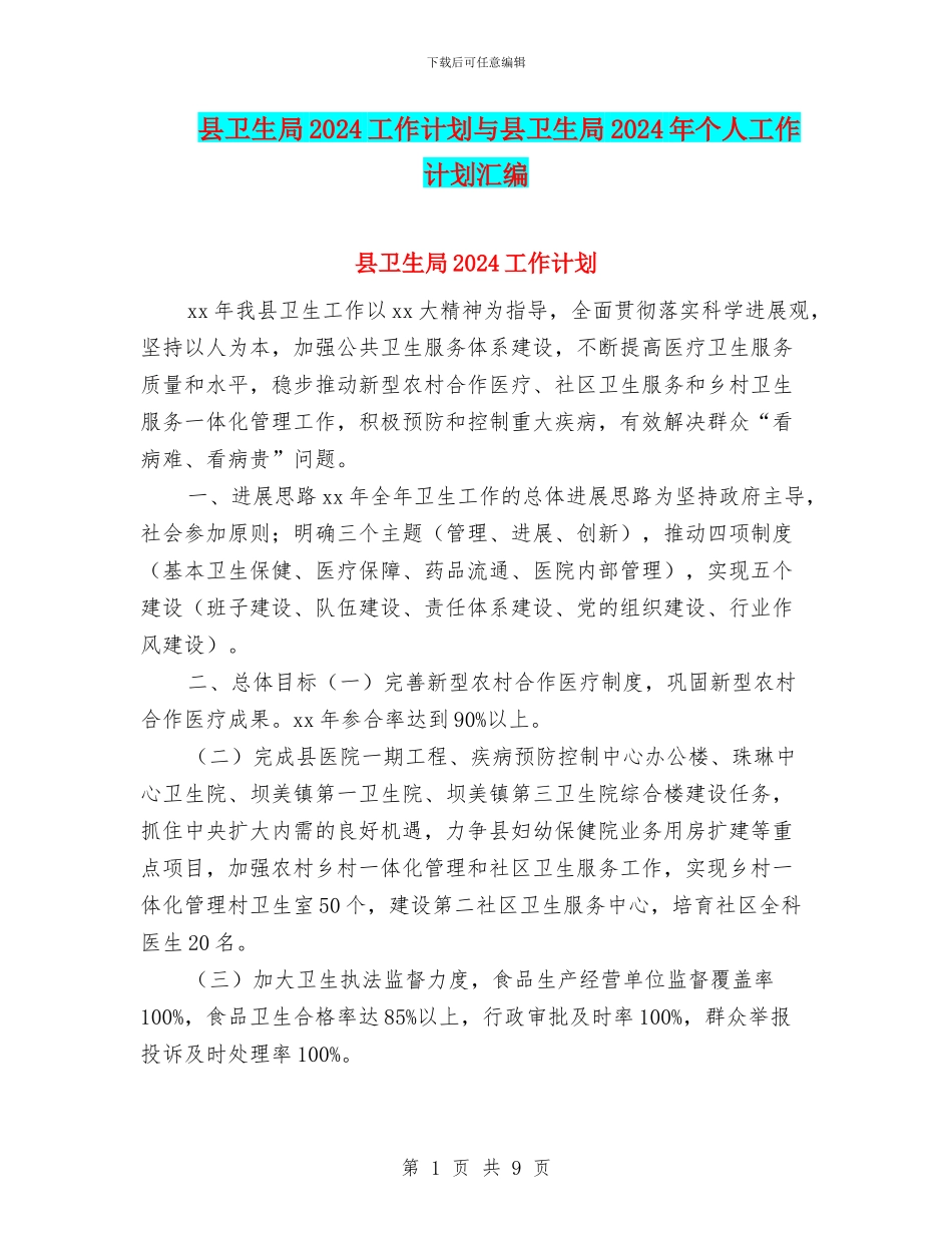 县卫生局2024工作计划与县卫生局2024年个人工作计划汇编_第1页
