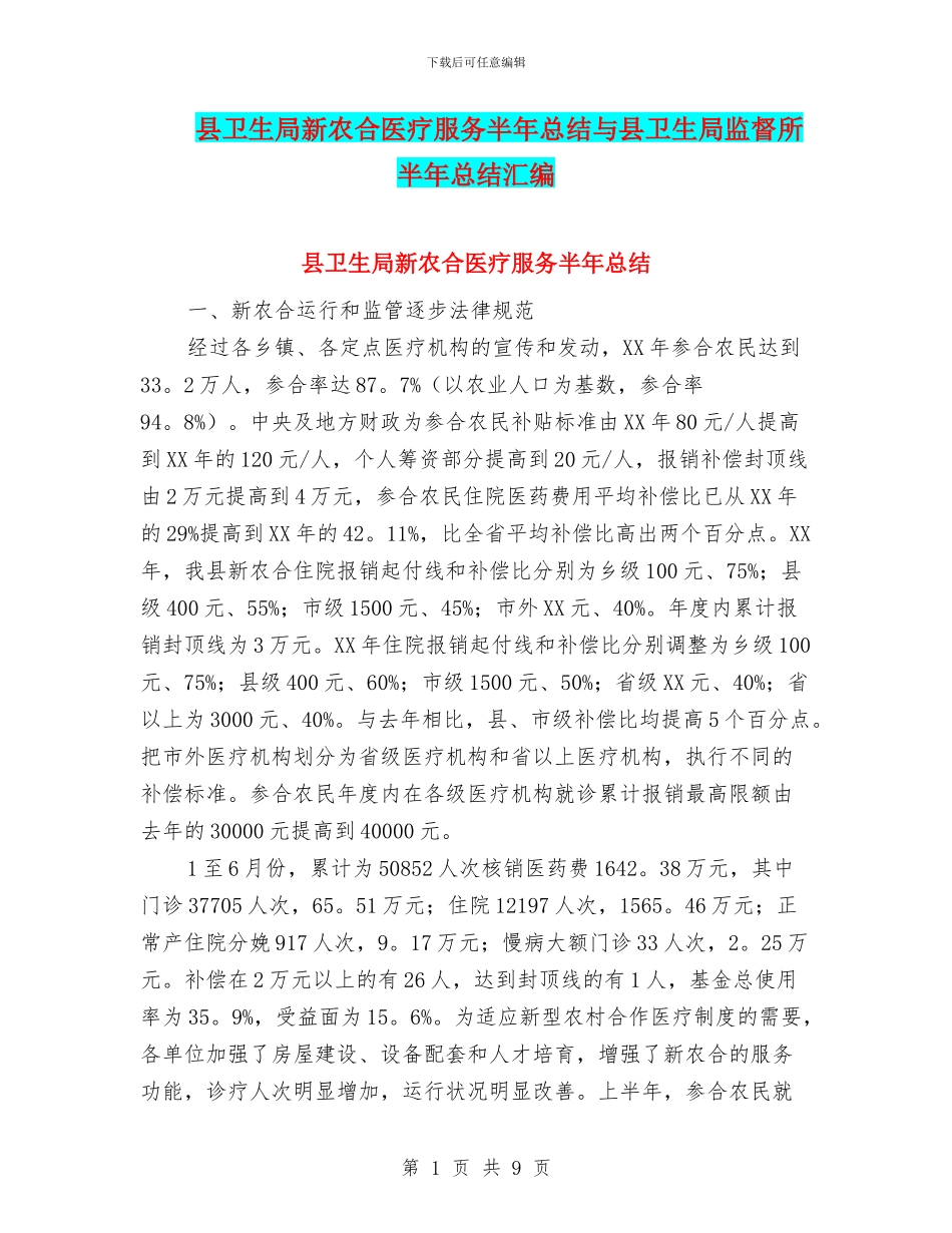 县卫生局新农合医疗服务半年总结与县卫生局监督所半年总结汇编_第1页