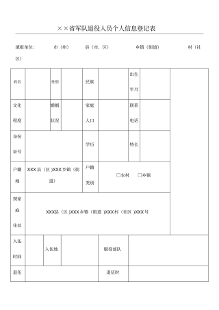 军队退役人员个人信息登记表