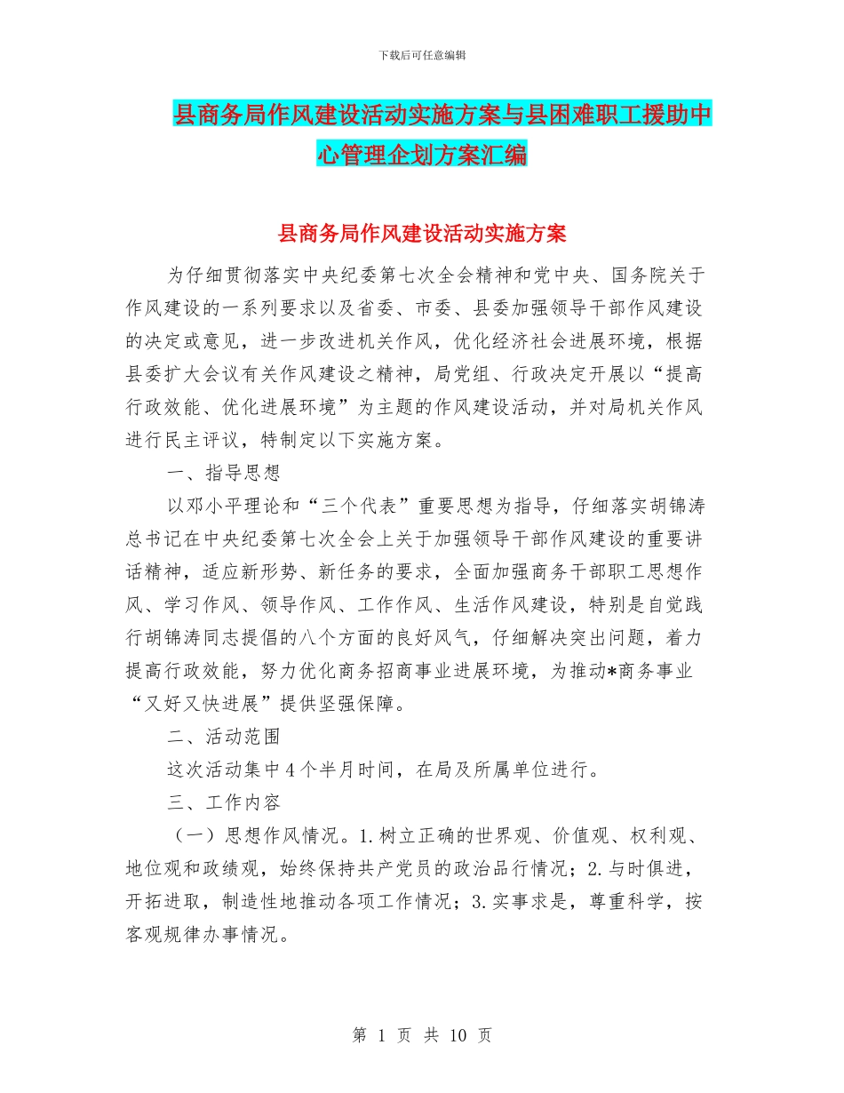 县商务局作风建设活动实施方案与县困难职工援助中心管理企划方案汇编_第1页