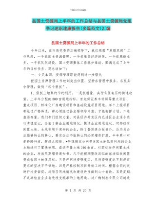 县国土资源局上半年的工作总结与县国土资源局党组书记述职述廉报告汇编