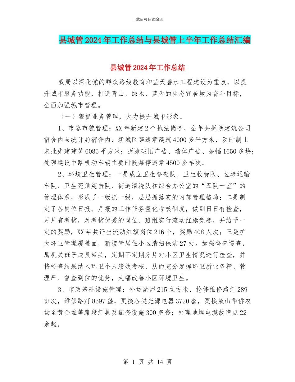 县城管2024年工作总结与县城管上半年工作总结汇编_第1页