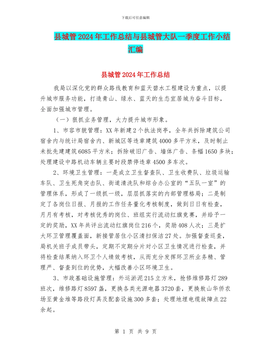 县城管2024年工作总结与县城管大队一季度工作小结汇编_第1页