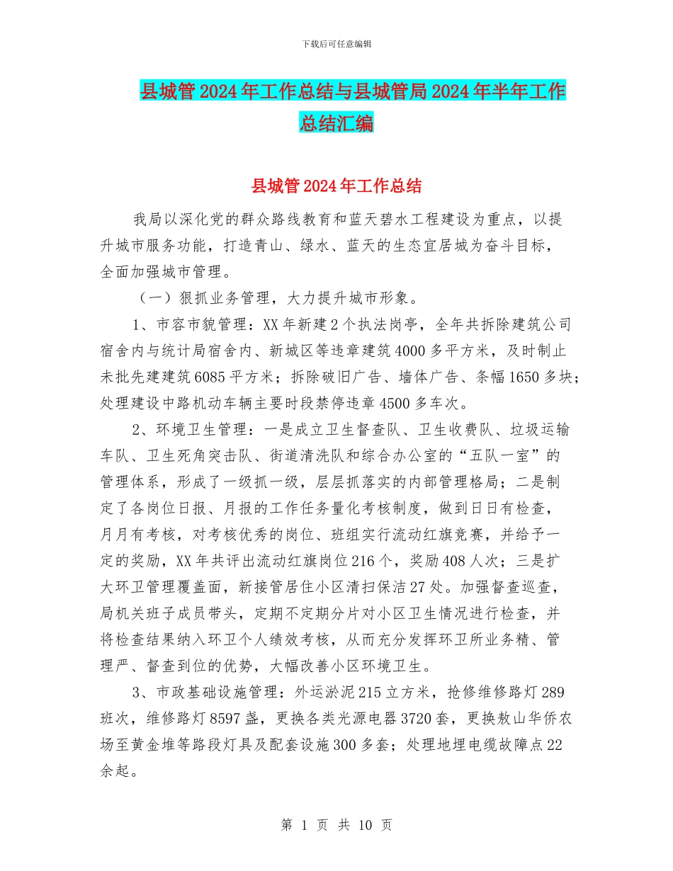 县城管2024年工作总结与县城管局2024年半年工作总结汇编_第1页