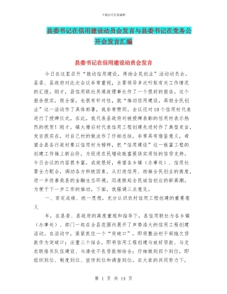 县委书记在信用建设动员会发言与县委书记在党务公开会发言汇编