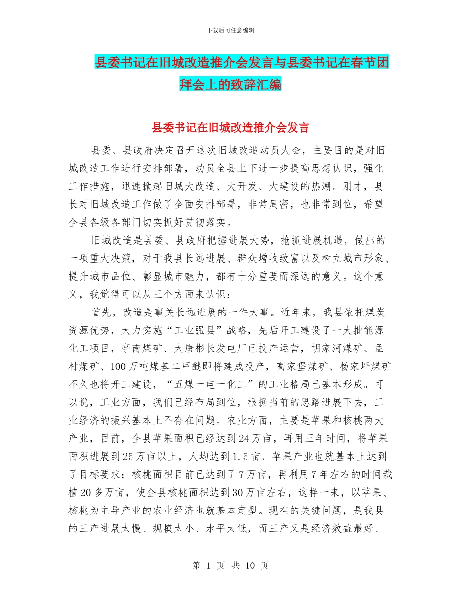 县委书记在旧城改造推介会发言与县委书记在春节团拜会上的致辞汇编_第1页