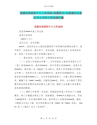 县委办信息科个人工作总结与县委办公室XX年上半年工作总结汇编