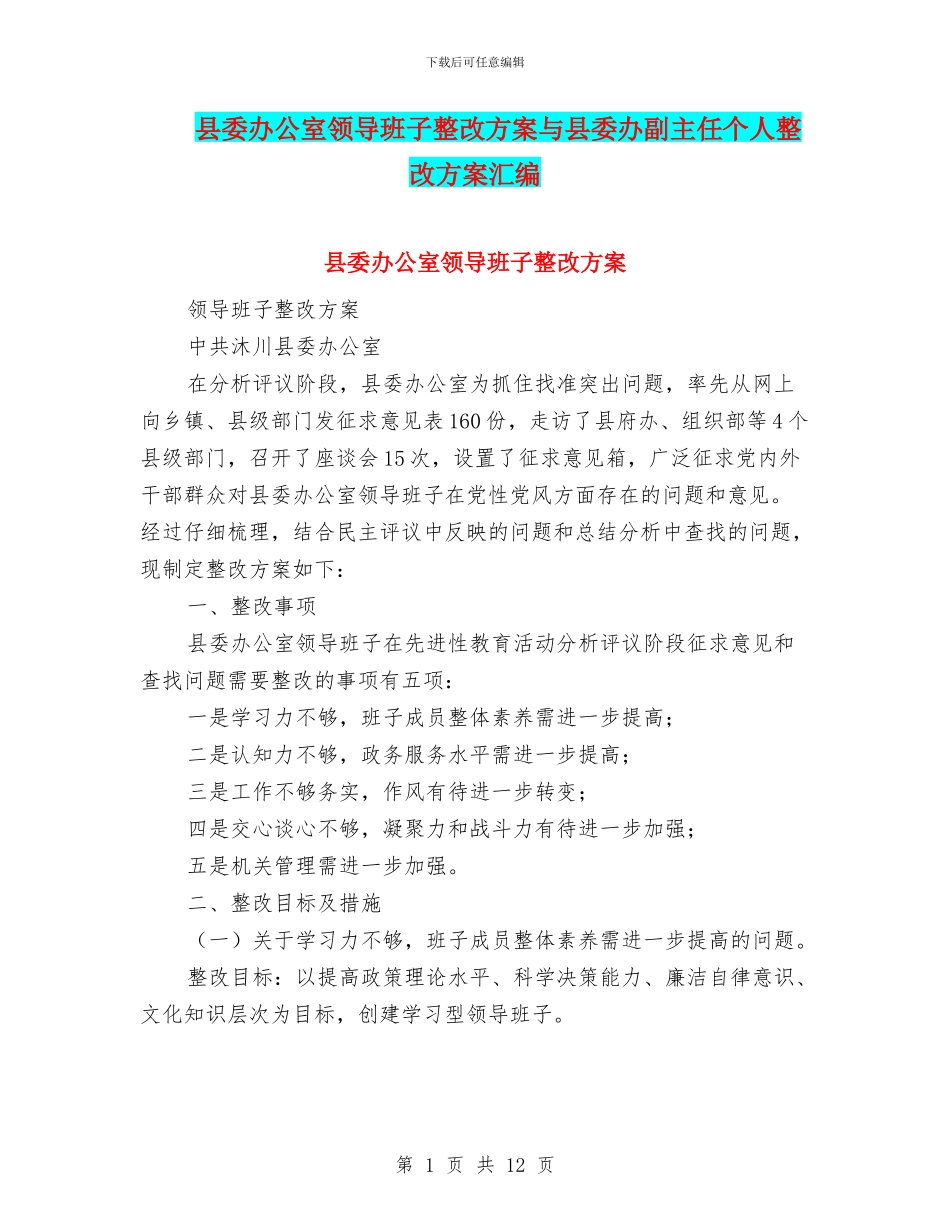 县委办公室领导班子整改方案与县委办副主任个人整改方案汇编_第1页