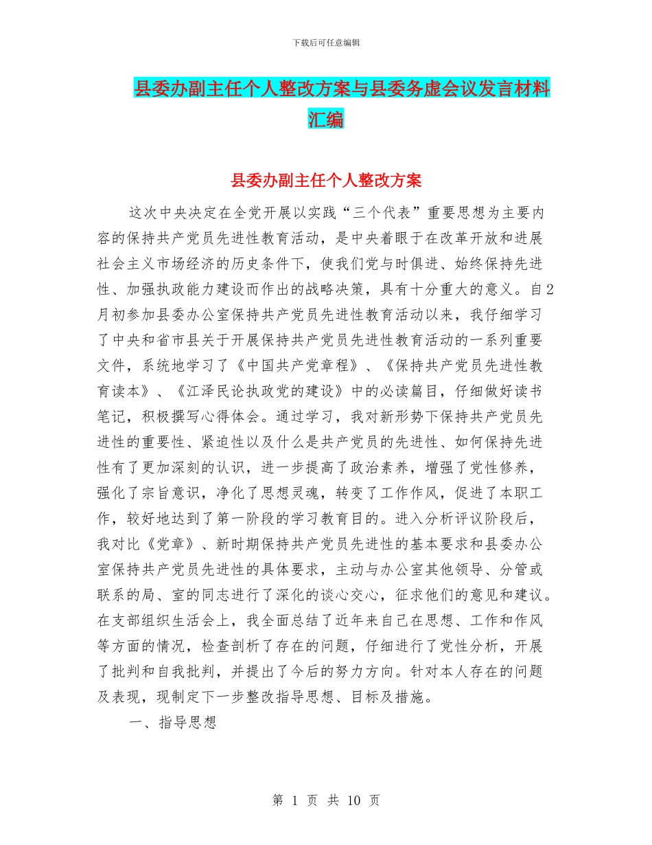 县委办副主任个人整改方案与县委务虚会议发言材料汇编_第1页