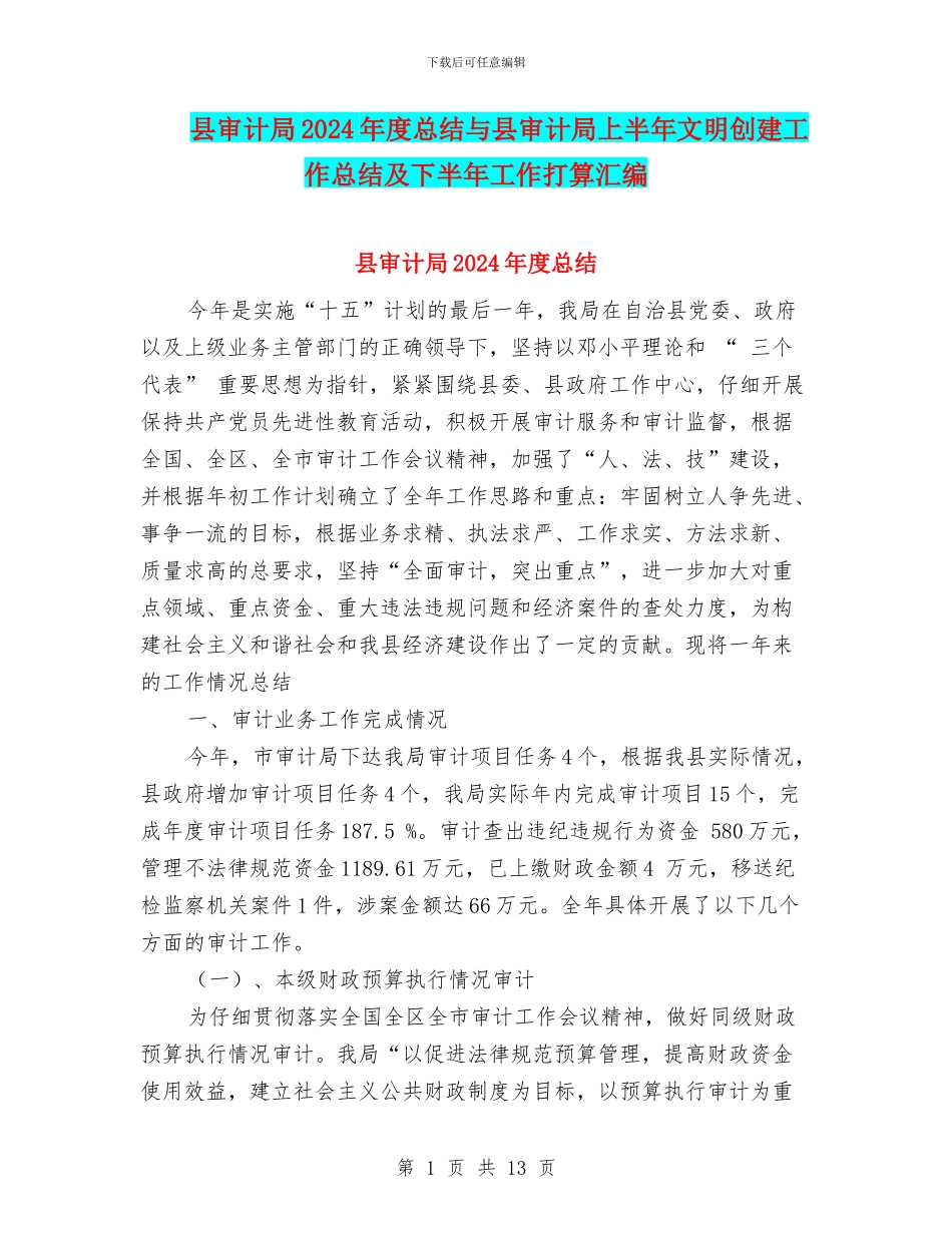 县审计局2024年度总结与县审计局上半年文明创建工作总结及下半年工作打算汇编_第1页