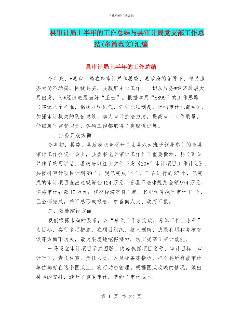 县审计局上半年的工作总结与县审计局党支部工作总结汇编_第1页