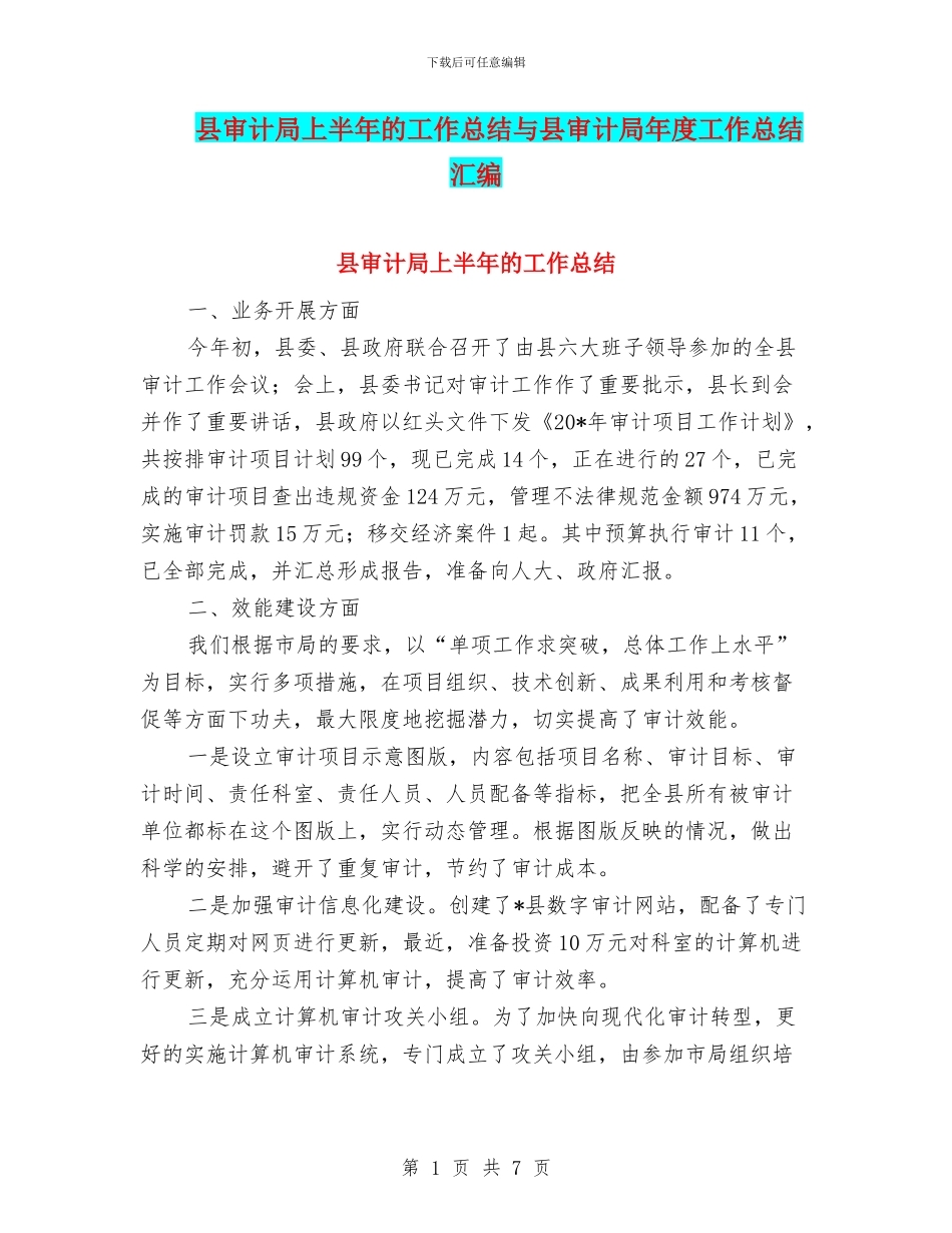 县审计局上半年的工作总结与县审计局年度工作总结汇编_第1页