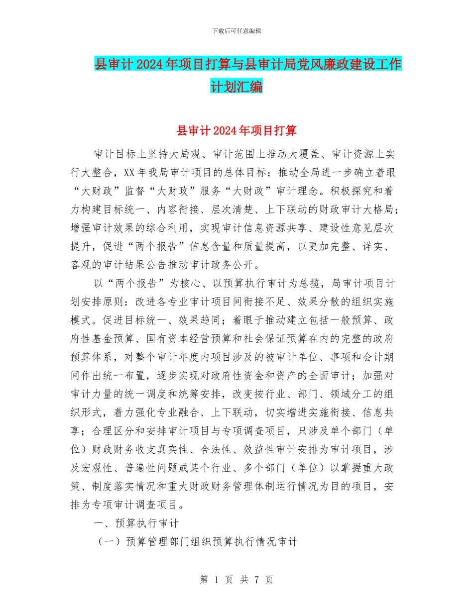 县审计2024年项目打算与县审计局党风廉政建设工作计划汇编_第1页