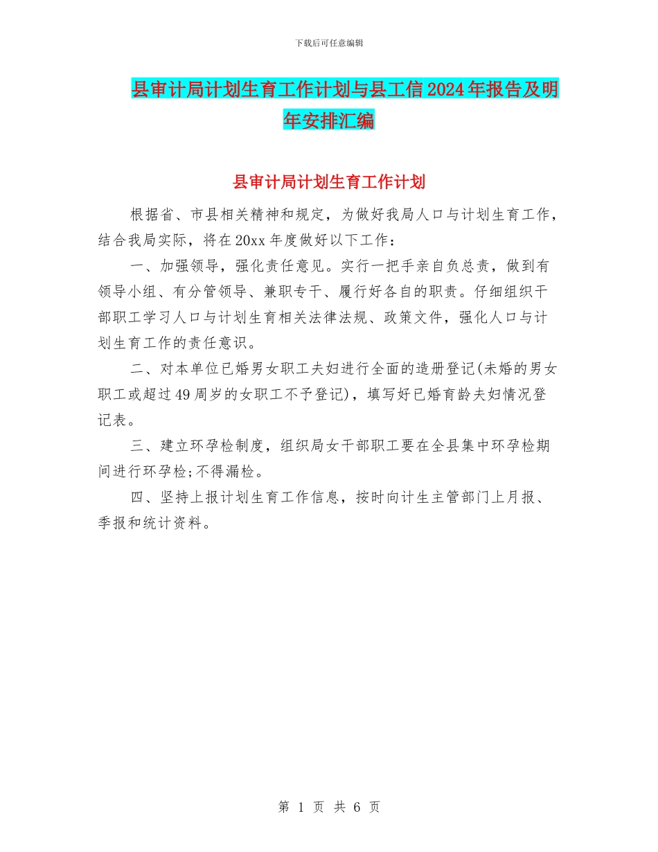县审计局计划生育工作计划与县工信2024年报告及明年安排汇编_第1页